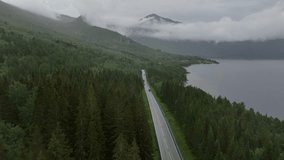 A drone view of vehicle driving on a road through hillside forest by the sea on a cloudy day in northern Norway - Powered by Shutterstock - Get 15% off with code: PIKWIZARD15