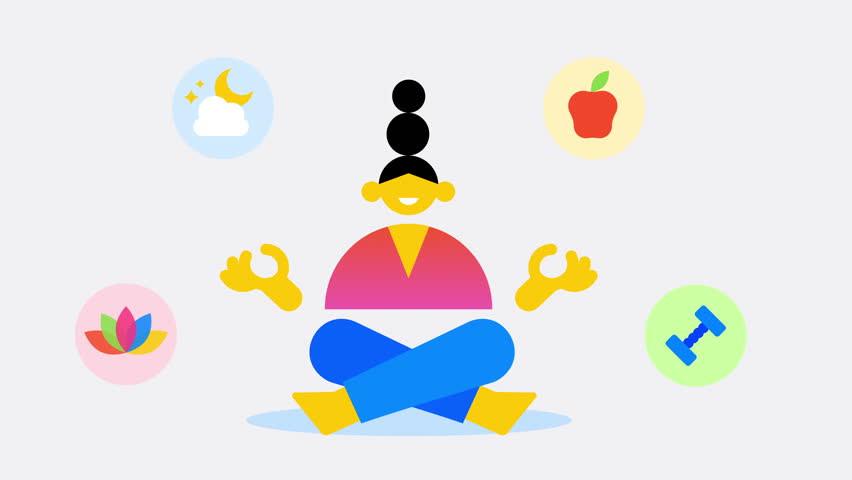 Animated woman meditating in a seated yoga pose, slowly inhaling and exhaling. Colorful icons representing healthy habits—sleep, nutrition, fitness, and mindfulness—float around her. 4K animated video