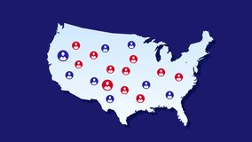 Animated map of the United States showing red and blue avatars appearing across the country. The visualization represents political division, voting patterns, and electoral challenges. Alpha channel. - Powered by Shutterstock - Get 15% off with code: PIKWIZARD15
