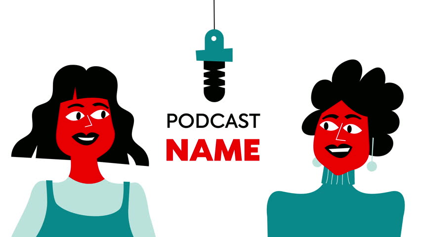 Animated video showing two smiling women talking into a hanging podcast microphone. A bold “PODCAST NAME” title appears in the center. Ideal for podcast intros. 4K.