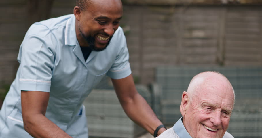 Wheelchair, outdoor and nurse with old man, helping and recovery with rehabilitation, wellness and support. Pensioner, person with a disability and caregiver with healing, outside and healthcare