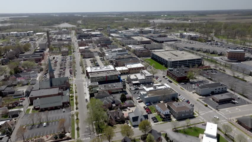 Columbus, Indiana downtown with drone video wide shot moving in.
