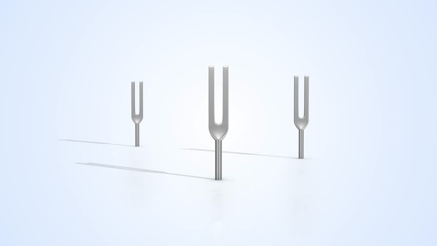 Tuning Forks on a Light Reflective Floor. Stylized Metal Tuning Forks 3D. 4K