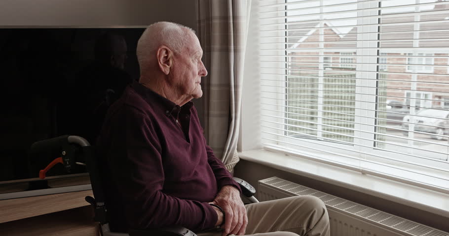 Home, thinking and old man with depression, window and retirement with dementia, feeling lonely and alzheimer. Person with disability, senior guy and pensioner with anxiety, remember and memory