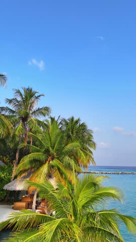Scenic panoramic view of tropical islands surrounded by deep blue ocean with palm trees in the foreground, maldives summer travel, island getaway, nature beauty