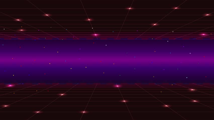 LEVEL UP. retro cyberpunk pixel art game scene from the 80s. Dark pink 8-bit sci-fi background. Glowing neon grid and stars from a vintage arcade computer game.