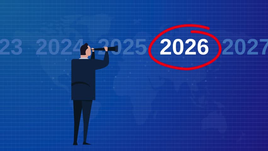 Company vision 2026 leader looking future with binoculars vision finding opportunity blue background