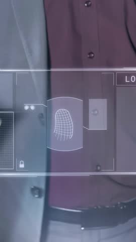 A man in a suit puts his finger on the virtual panel for biometric and voice identification.