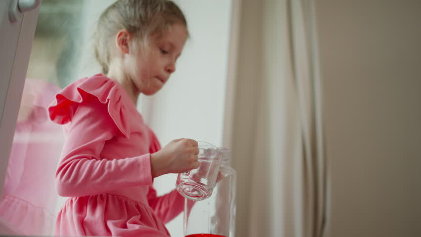 Lower angle of princess in pink dress carefully pouring vibrant red drink from glass pitcher into clear glass while drinking, small hands gripping handle, sunlight illuminating flowing liquid