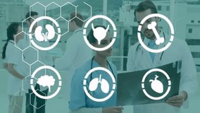 Nurse in blue scrubs and doctor examining X-ray film on rooftop displaying hexagon healthcare icons. Medical team, healthcare, professionalism, urban, consult, collaboration, diagnostic - Powered by Shutterstock - Get 15% off with code: PIKWIZARD15