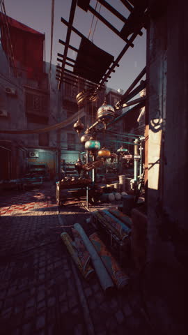 Warm sunlight bathes an alleyway in an old oriental market, highlighting an eclectic array of goods displayed on shelves and hung above.