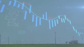 Wind turbines spinning in green field, with overlay showing blue candlesticks, cyan line graph. Renewable energy, sustainability, infographic, technology, clean power, landscape, environmental - Powered by Shutterstock - Get 15% off with code: PIKWIZARD15