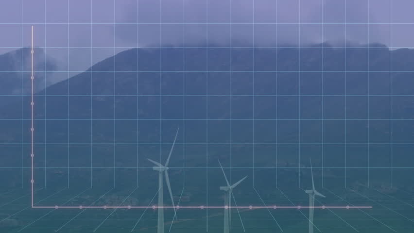 3D grid chart overlaying wind turbines, showing glowing bars topped with pink spheres. Futuristic, visualization, technology, renewable, energy, data, analytics - Powered by Shutterstock - Get 15% off with code: PIKWIZARD15