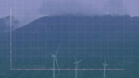 3D grid chart overlaying wind turbines, showing glowing bars topped with pink spheres. Futuristic, visualization, technology, renewable, energy, data, analytics - Powered by Shutterstock - Get 15% off with code: PIKWIZARD15