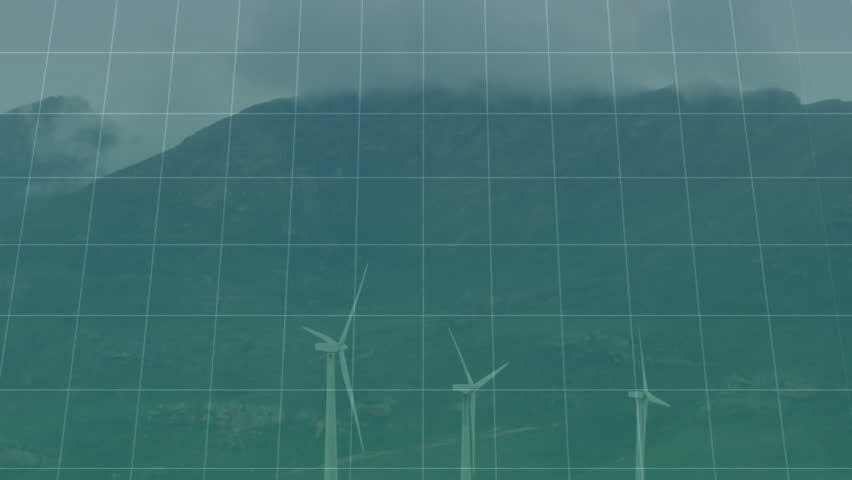 Translucent green 3D bar chart overlaying grid while green line graph flowing across wind turbines. Analytics, financial, infographic, renewable, sustainability, data visualization, environmental - Powered by Shutterstock - Get 15% off with code: PIKWIZARD15