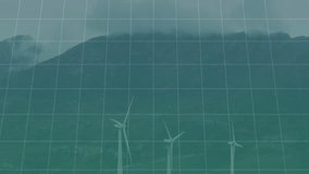 Translucent green 3D bar chart overlaying grid while green line graph flowing across wind turbines. Analytics, financial, infographic, renewable, sustainability, data visualization, environmental - Powered by Shutterstock - Get 15% off with code: PIKWIZARD15