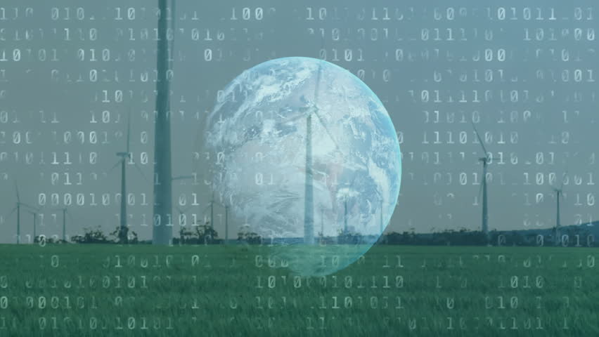 Wind turbines rotating across green field showing binary code overlay and chart rising +6.78%. Renewable, sustainability, technology, cleanenergy, ecology, ecological, digital - Powered by Shutterstock - Get 15% off with code: PIKWIZARD15