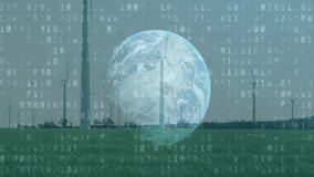Wind turbines rotating across green field showing binary code overlay and chart rising +6.78%. Renewable, sustainability, technology, cleanenergy, ecology, ecological, digital - Powered by Shutterstock - Get 15% off with code: PIKWIZARD15