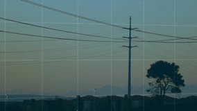 Electricity pylons being visualized at dusk, showing digital grid, world map and data charts. Energy, infrastructure, technology, data visualization, network, sustainability, connectivity - Powered by Shutterstock - Get 15% off with code: PIKWIZARD15