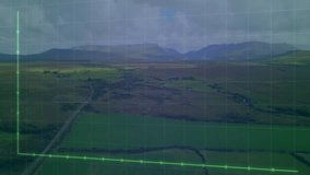 Green line chart being overlaid on rural landscape, showing circular data points and grid lines. Analytics, rural, natural, data visualization, eco, forecasting, agricultural - Powered by Shutterstock - Get 15% off with code: PIKWIZARD15