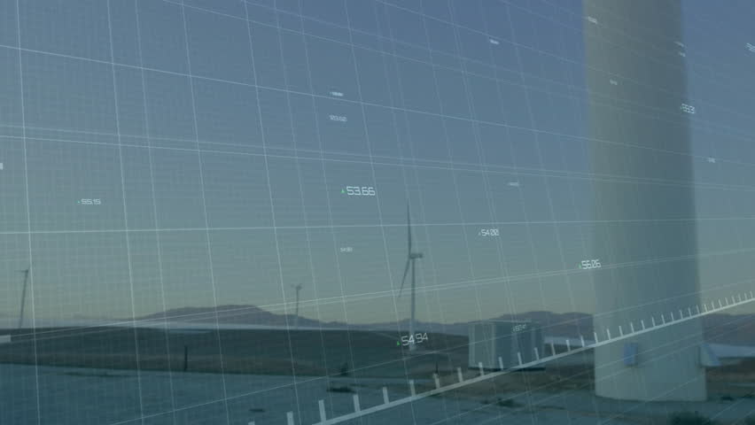 Wind turbine blade and tower being visualized on blue grid, showing red line chart data. Renewable, technology, analytics, futuristic, sustainability, data visualization, digital interface - Powered by Shutterstock - Get 15% off with code: PIKWIZARD15