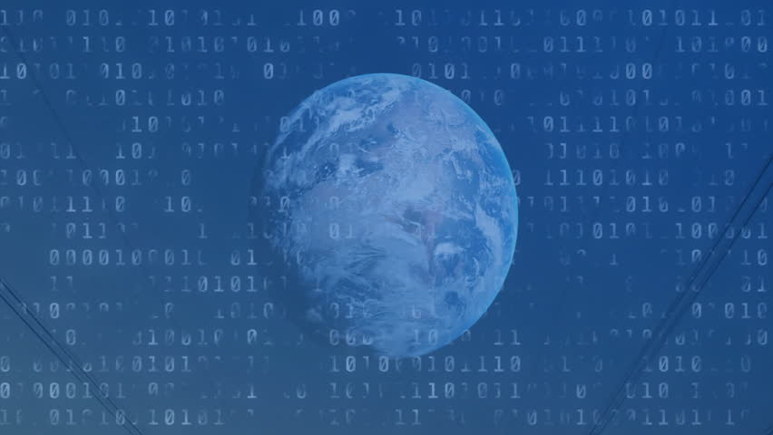 Global flat design view rotating blue Earth globe, streaming binary code and chart overlays. Technology, data, innovation, digital, finance, infrastructure, economy - Powered by Shutterstock - Get 15% off with code: PIKWIZARD15
