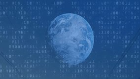 Global flat design view rotating blue Earth globe, streaming binary code and chart overlays. Technology, data, innovation, digital, finance, infrastructure, economy - Powered by Shutterstock - Get 15% off with code: PIKWIZARD15