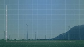 Renewable energy data being visualized on wind turbine farm grid, showing histogram and line chart. Sustainable, ecofriendly, technological, environmental, futuristic, nature, cleanenergy - Powered by Shutterstock - Get 15% off with code: PIKWIZARD15