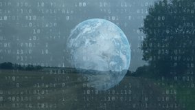 semi-transparent Earth globe hovering over field, showing binary code and candlestick charts. Geography, finance, technology, ecology, data visualization, innovation, digital landscape - Powered by Shutterstock - Get 15% off with code: PIKWIZARD15