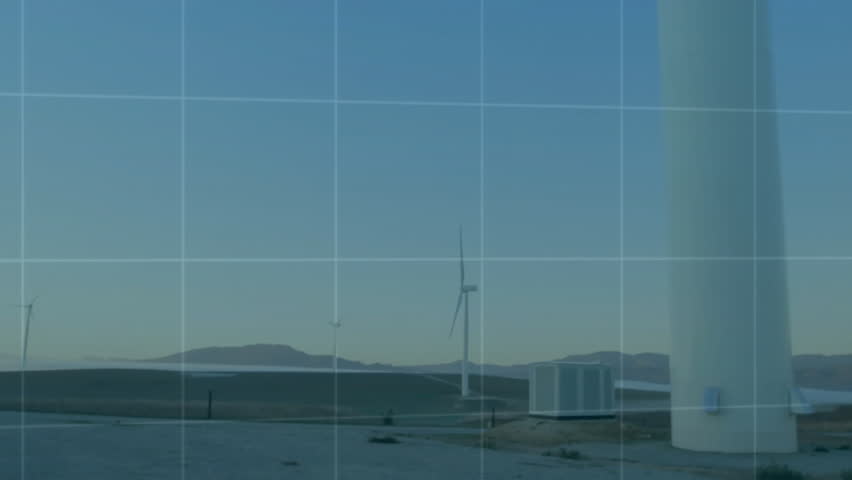Wind turbine tower occupying center, displaying translucent data charts with grid map overlay. Renewable, technology, analytics, digital, sustainability, innovation, engineering - Powered by Shutterstock - Get 15% off with code: PIKWIZARD15