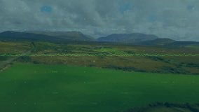 Agriculture data being visualized floating over aerial farmland, with green waveform overlay. Rural, landscape, data visualization, agricultural, digital, technology, nature - Powered by Shutterstock - Get 15% off with code: PIKWIZARD15