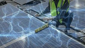 Male technician fastening solar panel frame on rooftop, showing digital wave overlay for technology. Renewable, innovation, ecofriendly, high-tech, sustainable, modern, environment - Powered by Shutterstock - Get 15% off with code: PIKWIZARD15
