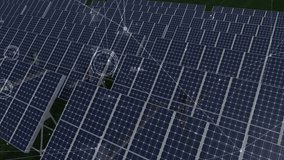 3D render solar panels displaying transparent data network graphics across metal frame grid in sun. Renewable, technology, innovation, efficiency, sustainability, futuristic, infrastructure - Powered by Shutterstock - Get 15% off with code: PIKWIZARD15