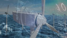 Offshore wind turbine nacelle and blade spinning amid digital data overlays showing world map. Renewable, energy, technology, sustainability, innovation, maritime, digital - Powered by Shutterstock - Get 15% off with code: PIKWIZARD15