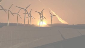 Wind turbines spinning along ridge, solar panels tracking sun, network overlay pulsing across scene. Sustainable, futuristic, eco-friendly, high-tech, environmental, vibrant, innovation - Powered by Shutterstock - Get 15% off with code: PIKWIZARD15