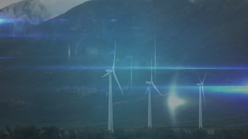 Digital network connecting user icons with glowing lines across wind farm landscape, flat design. Technology, connectivity, environmental, futuristic, scenic, innovation, networking - Powered by Shutterstock - Get 15% off with code: PIKWIZARD15