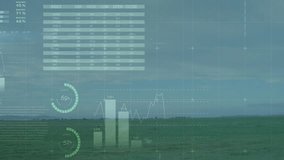 Center pivot irrigation arm extending across farmland, overlaying digital pie charts bar graphs. Agriculture, precision farming, sustainability, futurism, technology, rural, landscape - Powered by Shutterstock - Get 15% off with code: PIKWIZARD15