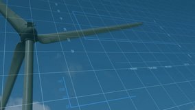 Wind turbine rotating in flat design, showing digital overlays with charts and data. Renewable energy, sustainability, technology, innovation, infographic, environmental, clean power - Powered by Shutterstock - Get 15% off with code: PIKWIZARD15