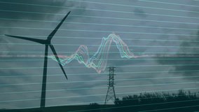Wind turbine silhouette being animated against cloudy sky, displaying data graphs over flat grid. Renewable, sustainability, energy, technology, infrastructure, environment, conservation - Powered by Shutterstock - Get 15% off with code: PIKWIZARD15