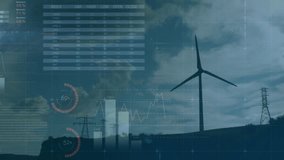 wind turbine silhouette appearing on sloping ridge, with pylons pulsing data charts over world map. Renewable, energy, infographic, innovation, environmental, technology, infrastructure - Powered by Shutterstock - Get 15% off with code: PIKWIZARD15