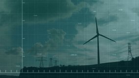 Wind turbine silhouette being animated on hilltop with transmission towers and green line chart. Renewable, sustainability, technology, data, ecology, environmental, innovation - Powered by Shutterstock - Get 15% off with code: PIKWIZARD15