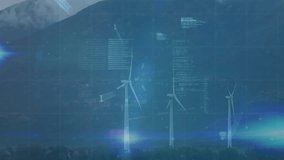 Wind turbines rotating in mountainous landscape, displaying translucent data graphs, code overlays. Renewable energy, sustainability, digital analysis, environmental technology, data visualization, - Powered by Shutterstock - Get 15% off with code: PIKWIZARD15