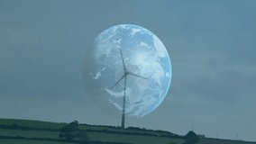 Wind turbine silhouette floating over hill, showing globe overlay with stock tickers in flat design. Renewable, energy, finance, sustainability, environment, technology, digital - Powered by Shutterstock - Get 15% off with code: PIKWIZARD15