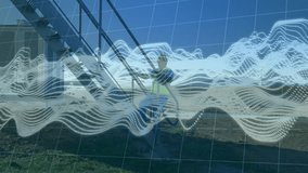 Man wearing hard hat, safety vest climbing metal staircase at site showing digital grid, waveforms. Industrial, safety, construction, technology, craftsmanship, rugged, field - Powered by Shutterstock - Get 15% off with code: PIKWIZARD15