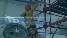 technician climbing scaffolding inside factory, displaying animated binary code and graph overlay. Industrial, safety, engineering, technology, maintenance, machinery, construction - Powered by Shutterstock - Get 15% off with code: PIKWIZARD15