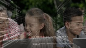 Mother guiding daughter and son using laptop for tech learning showing streaming code lines in yard. Family, mentorship, outdoor, educational, technology, nature, togetherness - Powered by Shutterstock - Get 15% off with code: PIKWIZARD15