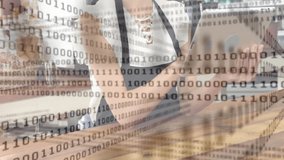 Female shop worker tapping tablet at counter, showing binary code overlay for retail technology. Technology, digital, retail, innovation, professional, modern, commerce - Powered by Shutterstock - Get 15% off with code: PIKWIZARD15