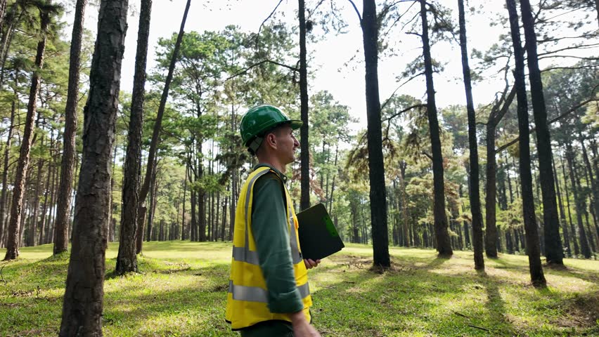 Man in safety vest and helmet writing on clipboard while inspecting trees, symbolizing environmental management, forestry work, and conservation.
