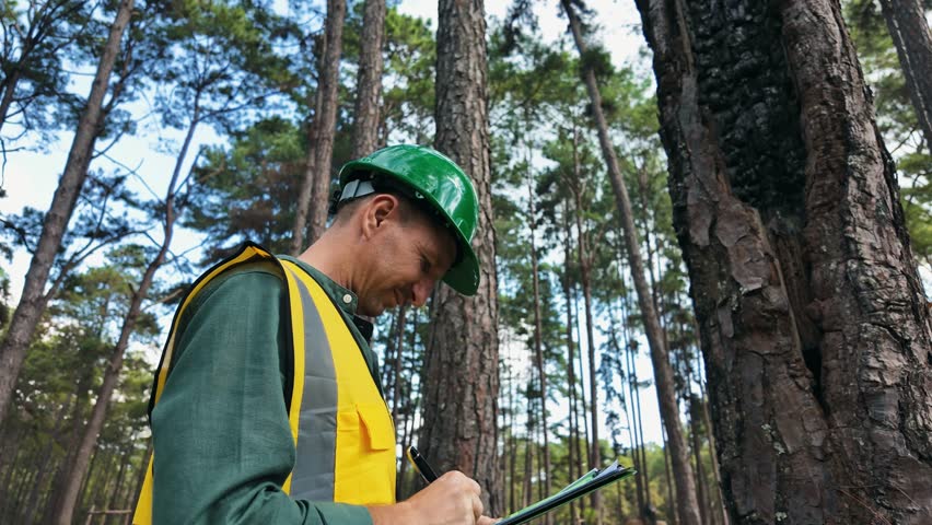 Man in safety vest and helmet writing on clipboard while inspecting trees, symbolizing environmental management, forestry work, and conservation.