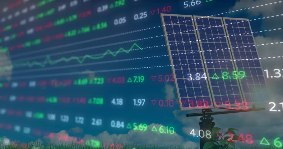 Photovoltaic solar panel rising on pole above grassy field showing faint stock numbers arrows grid. Sustainability, renewable, energy, eco-friendly, technology, investment, ecological